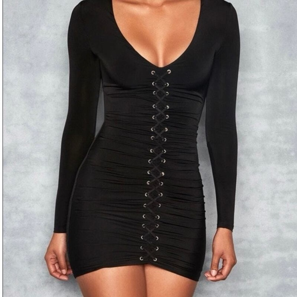 Mistress Rocks Dress Womens S Black Ruched Lace Up V Neck Long Sleeve Mini